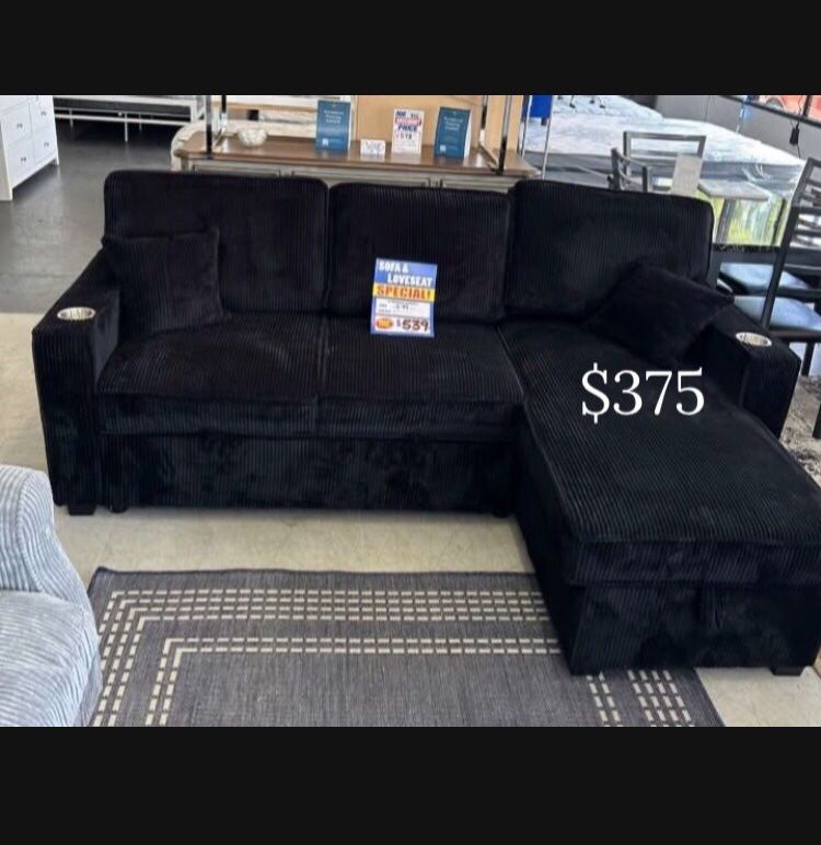 Black Sectional Sofa W/ Pull- Out Bed & storage ✅ $375 No Tax