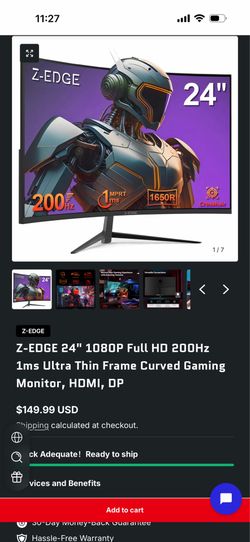 Z-EDGE 24" 1080P Full HD 200Hz 1ms Ultra Thin Frame Curved Gaming Monitor, HDMI,
