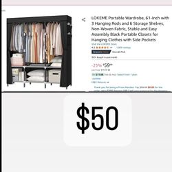 LOKEME Portable Wardrobe, 61-Inch With 3 Hanging Rods And 6 Storage Shelves, Non-Woven Fabric, Stable And Easy Assembly Black Portable Closets For Han