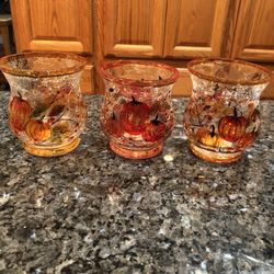 Lot Of 3 Fall  Candle Holders.  Crackle Glass With Pumpkins, Leaves And Berries.  Size  3 1/2 inches Tall .  Brand New With Tags  