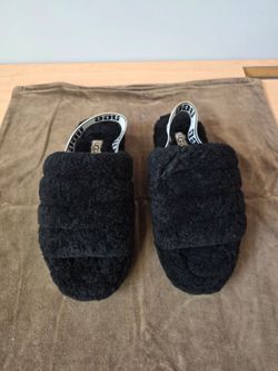 UGG Fluff Yeah Black Sheepskin Slippers Slide Sandal Slingback USA Women's 6