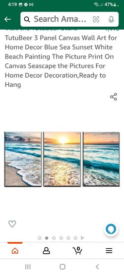 3 Panel Canvas Wall Art Blue Sea Sunset White Beach Painting 16"X32" Thumbnail