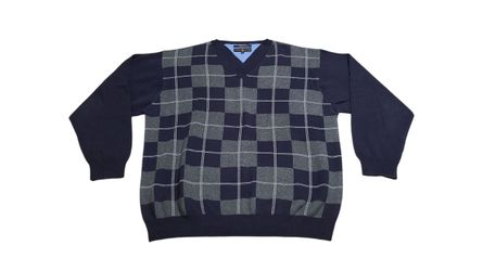 Tommy Hilfiger Golf Men's Sweater XL V-Neck 100% Cotton Navy Gray Plaid