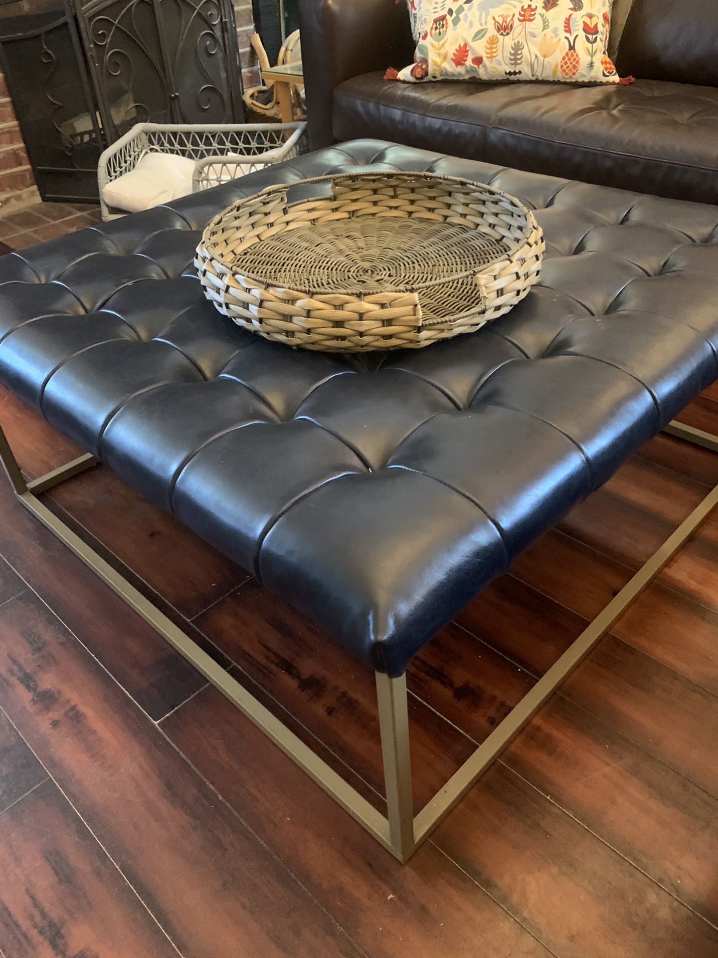 Navy Blue Tufted Leather Ottoman