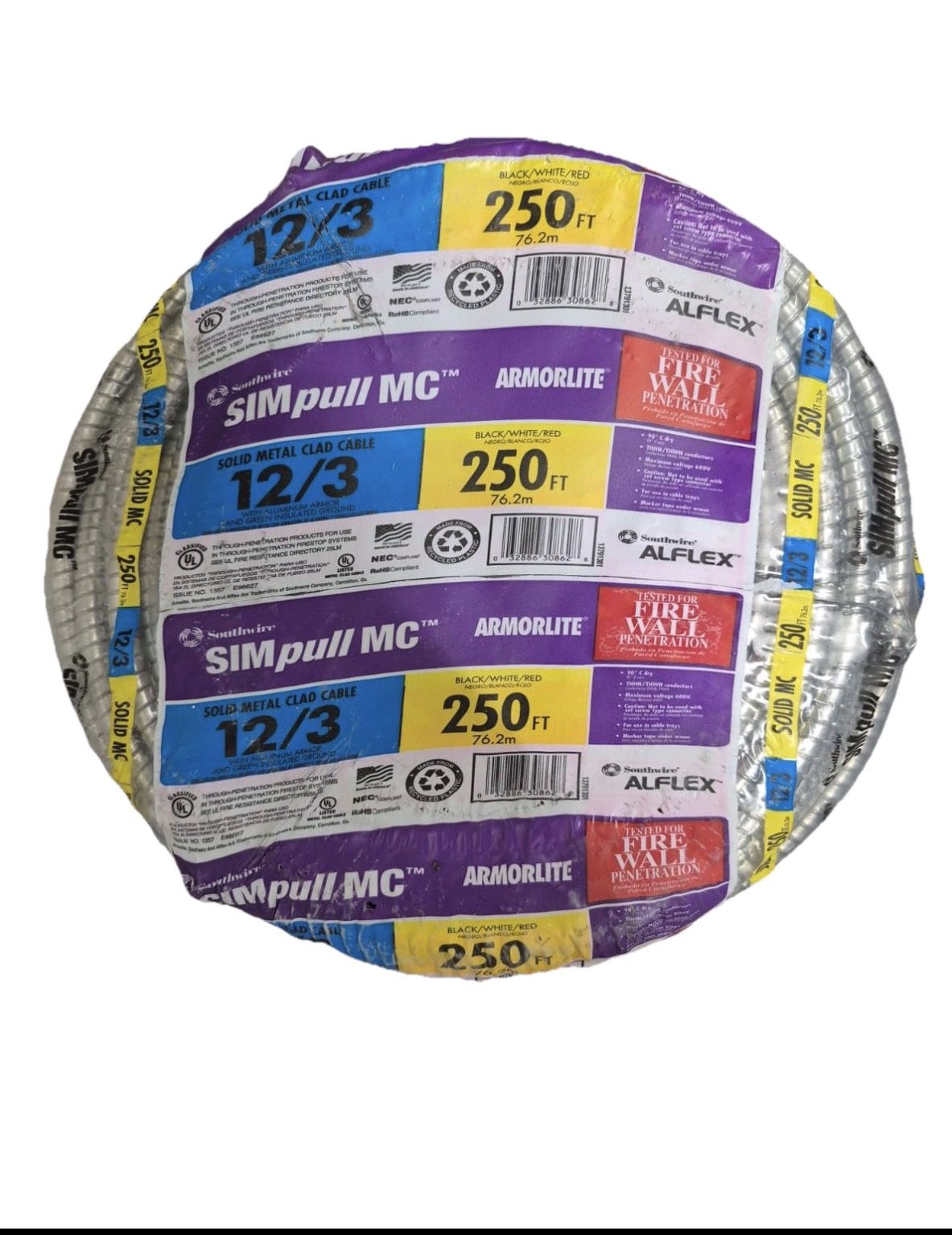 Southwire Alflex  250 Ft. 12/3 Solid Metal Clad Cable Electrical Wire - NEW