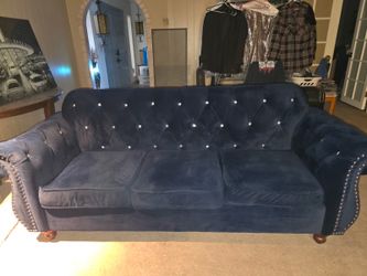 Dark blue crystal tufted sofa
