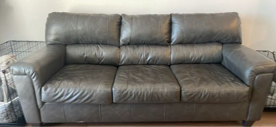 Gray Leather 3-Seat Sofa