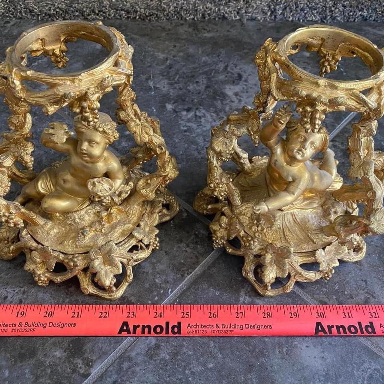 Set of 2 Antique Cast cherub bowl holders? Bronze? Baroque? Candleholders? Doorstops? Who knows? You decide! Together these weigh almost 16 pounds! Ab