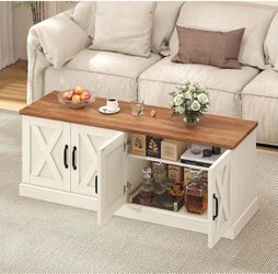White Farmhouse Entryway Bench with 4 Doors & Adjustable Shelves