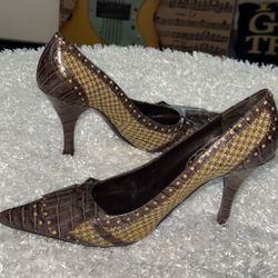 Vintage Nine West Women's Brown Crocodile Leather Pointy Toe Heels/Pumps Size 7