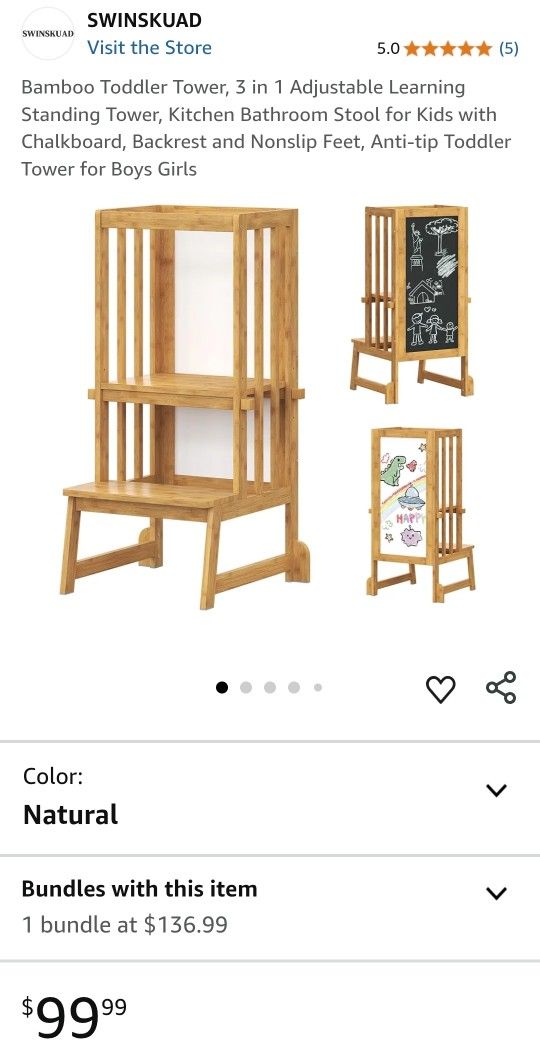 Bamboo Toddler Tower, 3 in 1 Adjustable Learning Standing Tower, Kitchen Bathroom Stool for Kids with Chalkboard, Backrest and Nonslip Feet, Anti-tip