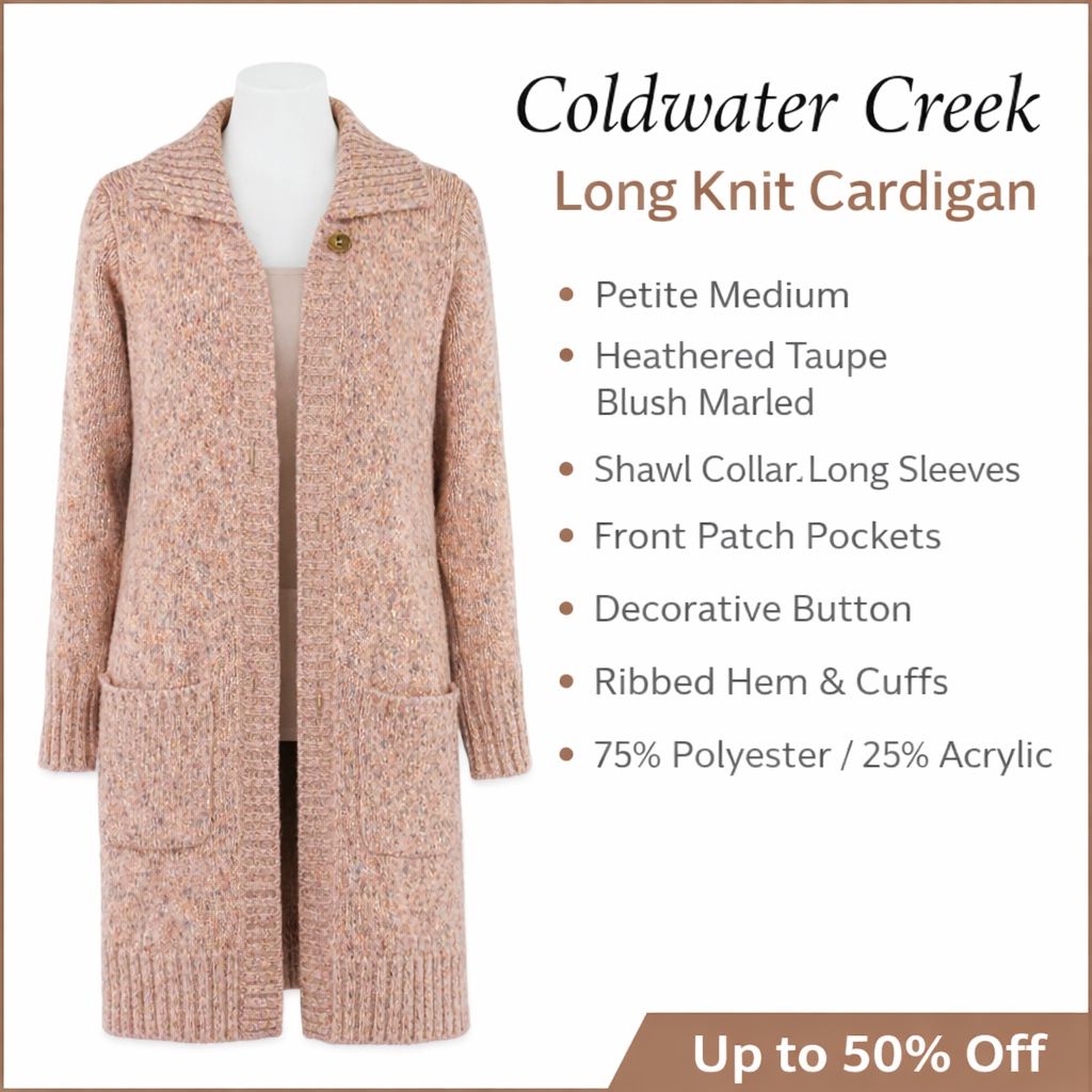Coldwater Creek Long Knit Cardigan PM Heathered Taupe Blush Marled