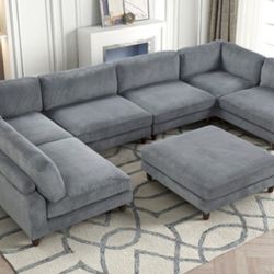 Brand New Grey Super Plush Corduroy Modular Sectional Sofa w Ottoman 