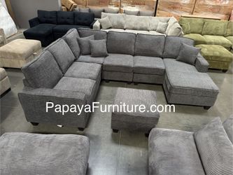 New REVERSIBLE Chaise Gray Chenille Fabric Sectional Couch with Ottoman Set U Shape Large Sofa Set Living Room Space Modern Contemporary Big Designer
