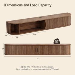 🥨71" Floating TV Stand with Power Outlet for TVs up to 80", Fluted Entertainment Center with Remote Control for LED Lights, Mid-Century Modern TV Con