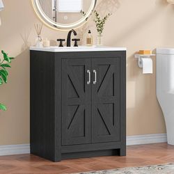 Farmhouse Bathroom Vanity with Sink, Freestanding Bathroom Vanities with Ceramic Basin & Soft-Close Door, Wood Cabinet with Adjustable Shelf for Apart