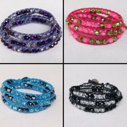 Beautiful Crystal Rondelle Beads, Sparkling Glass Beads, Faux Leather Wrap Around Bracelet.