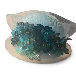 Elegant Light Blue Women's Dress Hat w Floral Sequin & Bow