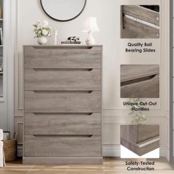 Brand New And Assembled 43.3" Tall Modern 5 Drawer Dresser for Bedroom, Large Chest of Drawers with Storage, Wood Clothes Storage Organizer with Cut-O