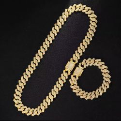 Gold Color Cuban Chain Bracelet Necklace Jewelry Set Hip Hop Miami Curb,Iced Out Paved Rhinestones, Bling Rapper 