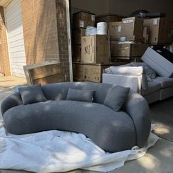 Acanva Mid Century Modern Curved Living Room Sofa, 4-Seat Boucle, Grey 