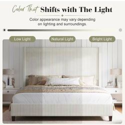 #A  King Size Upholstered Bed Frame 61” Tall Wingback Headboard • Vertical Stripe Corduroy • Solid Wood Slats  Color: Cream Price: $280