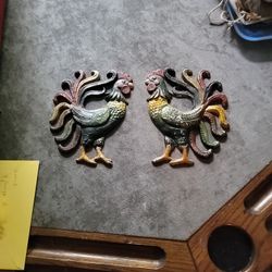 2 cast iron vintage rooster wall plaques