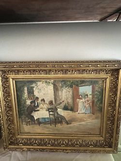 Antique Oil Painting Signed E. Walter – European Courtyard Scene with Figures – Ornate Gilded Frame