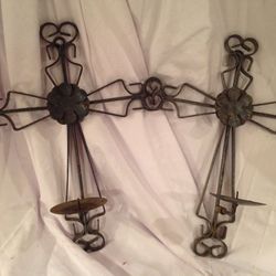 Pair Metal Cross Candle Holder Wall Sconces