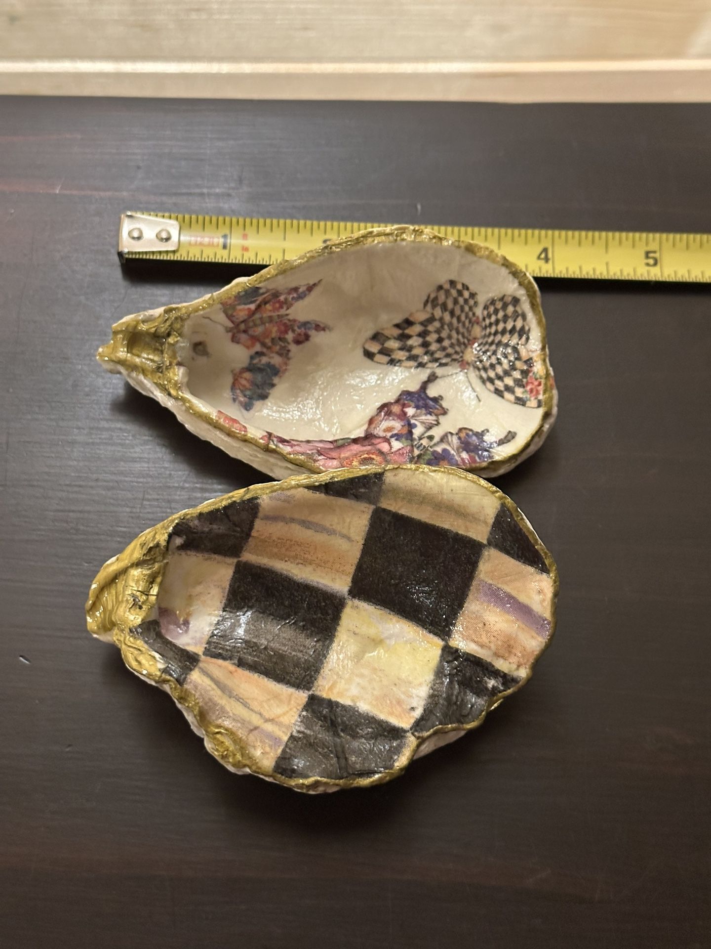 Handmade catch all shell dish in Mackenzie Childs patterns.