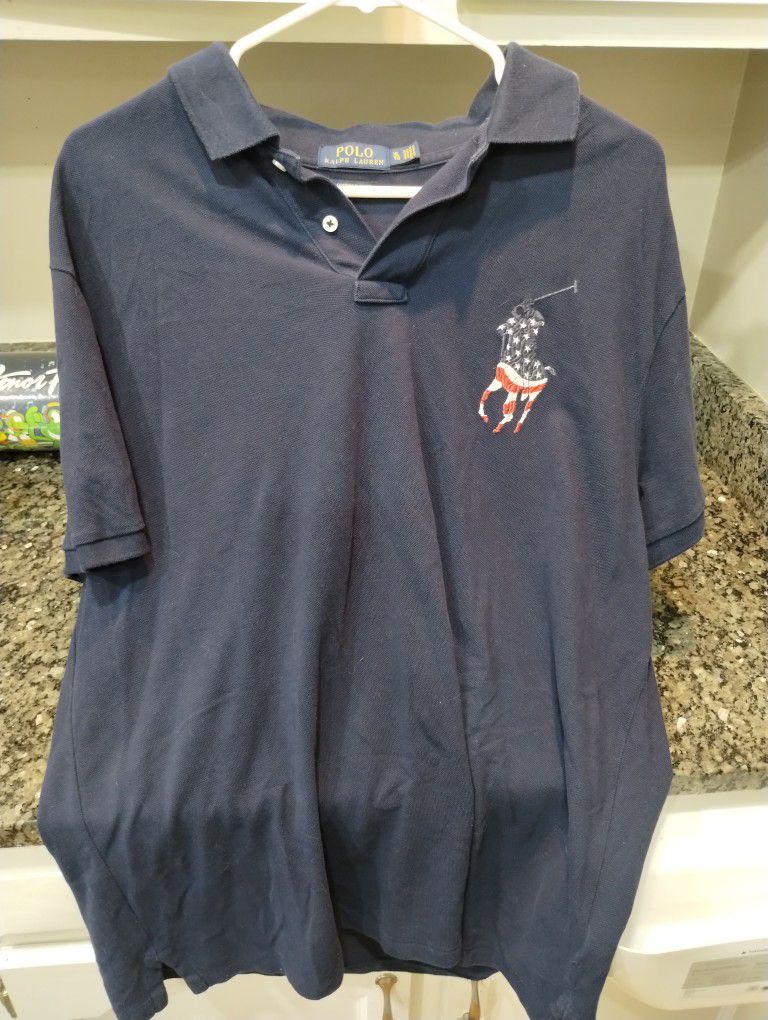 Polo Ralph Lauren: men XL custom slim fit shirt

Navy blue. Great shape. Normal wear. Used 2 times. American flag logo