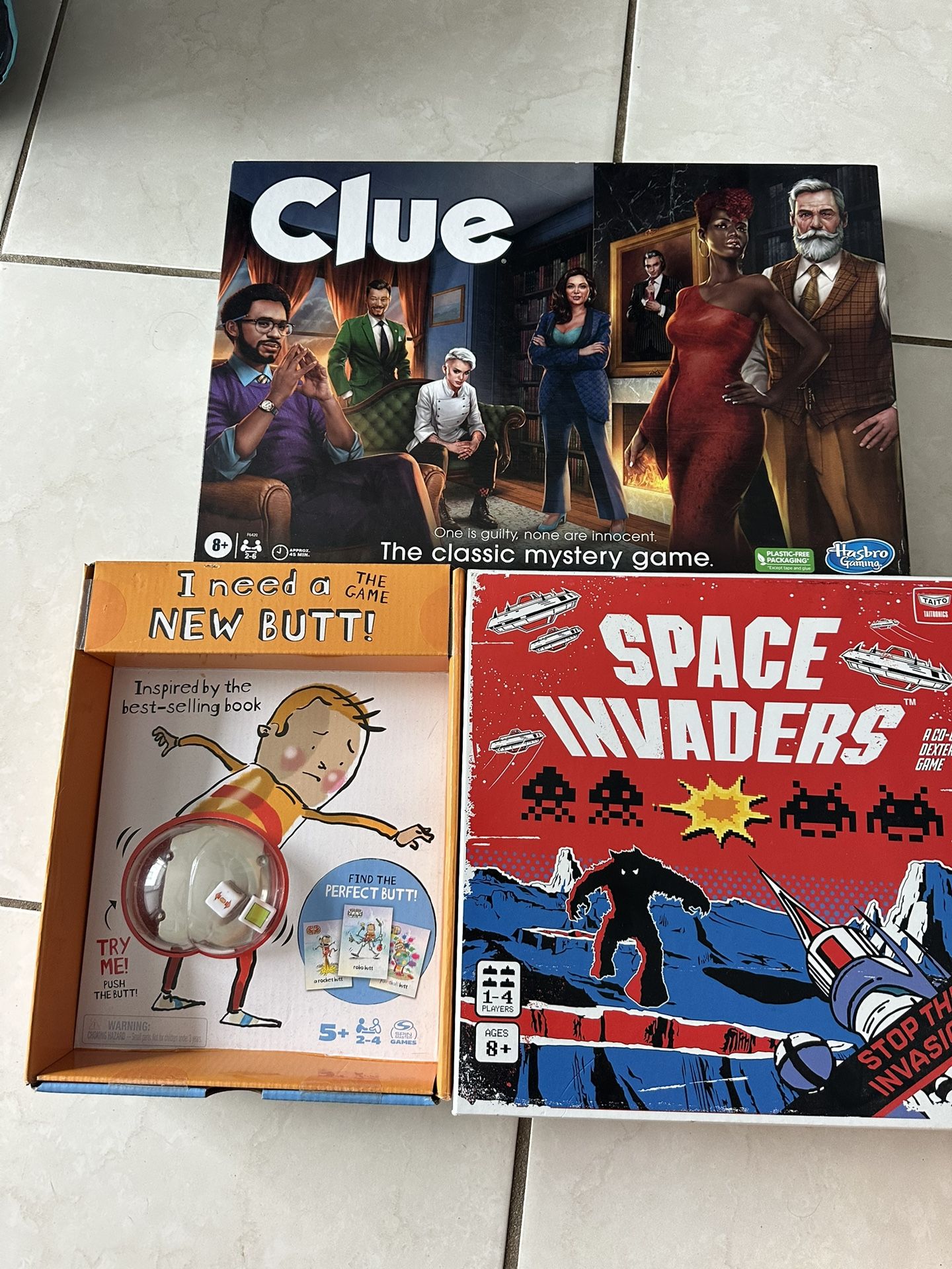 Bulk board games: Clue, space invaders, I need a new butt