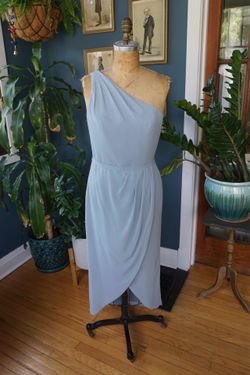 Dusty Blue One Shoulder Midi Bridesmaid Dress — Size 10