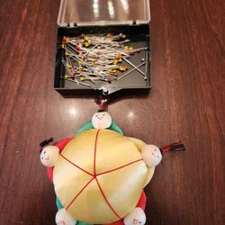 Vintage Oriental Silk Brocade Pin Cushion with 6 Dolls Holding Hands with Box of Pins