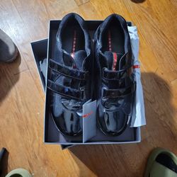 Men Prada Mesh Sneakers, Patent Black, Sz 13