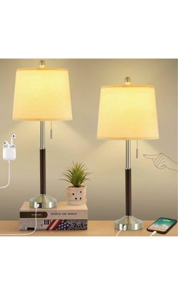 Table Lamps for Nightstand Set of 2, Modern Bedside Lamps with USB Ports and Outlets, Pull Chain Beside Table Lamp