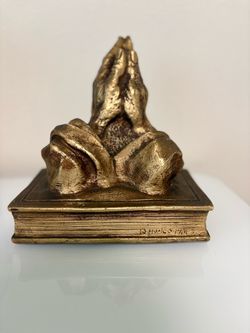 Vintage Gold Praying Hands on Bible Figurine