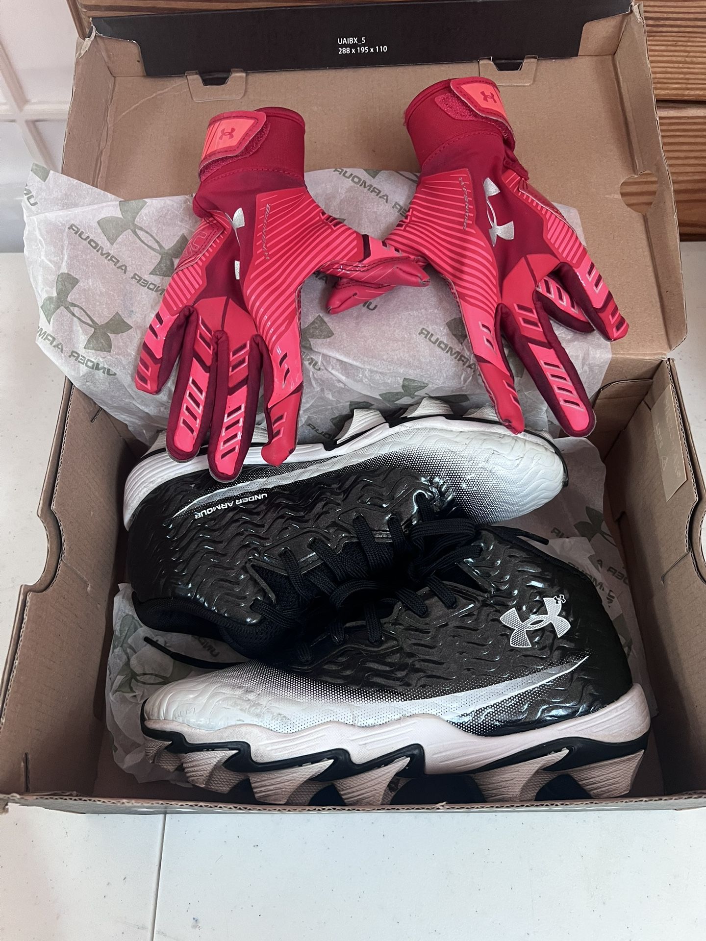 With Gloves For 🏈Size Is Small. And Under Armour American 🏈 Football Cleats UA Spotlight Hammer For Kids Size Is 3.5Y For Ages 8-10 Years Old. 