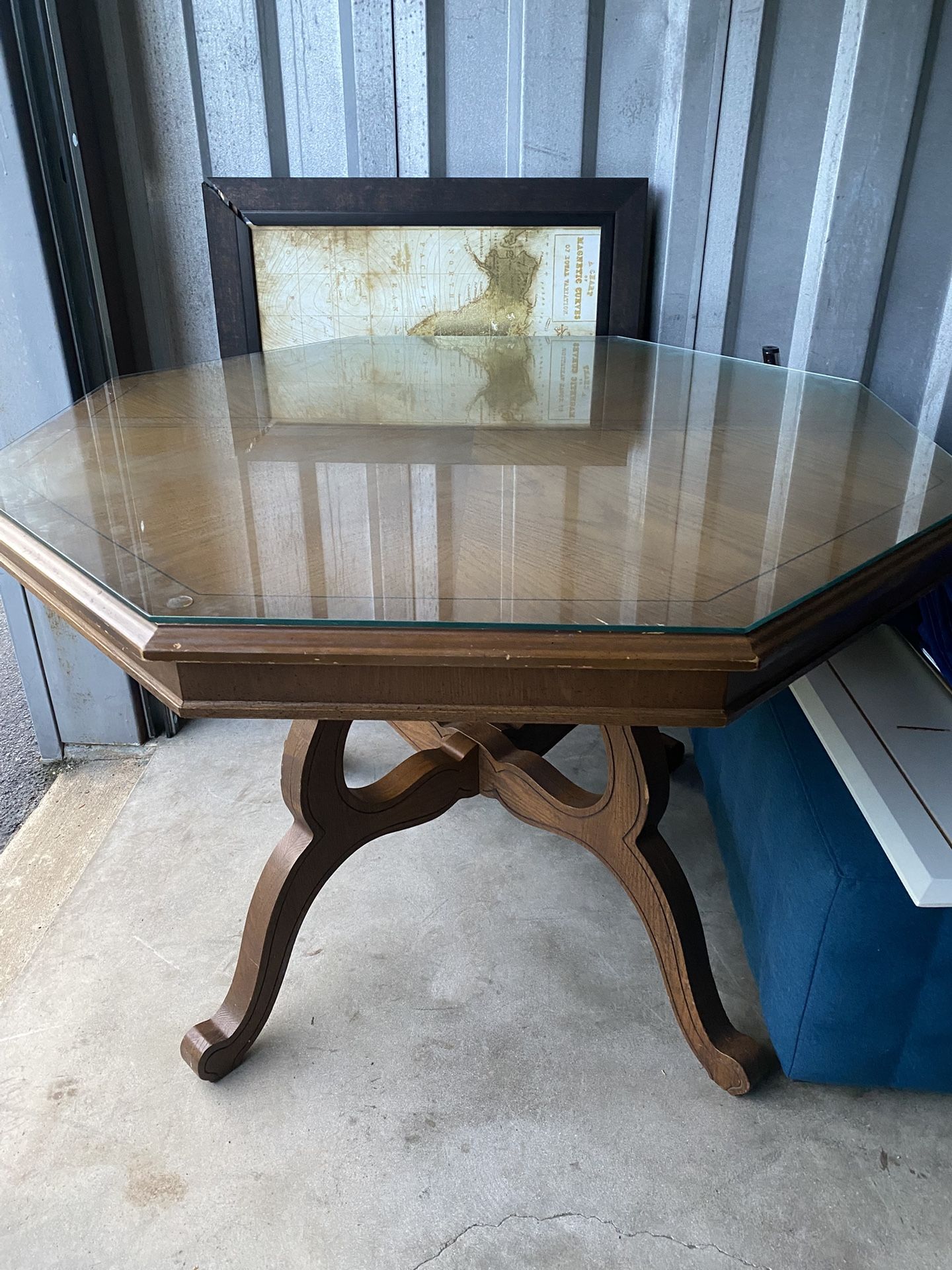Octagon shaped Vintage Dining Table With Removable Top Glass
