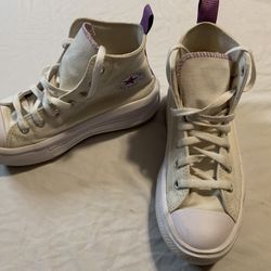 Converse Cream and Purple High-Top Sneakers