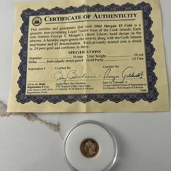 .24k Gold 1964 5$ Morgan Coin With COA