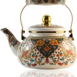 Floral Enamel Tea Kettle Vintage Gold Beige Teapot Colorful Boho Hot Water Coffee Kettle Pot 2.5L Porcelain Tea Pot with Ceramic Handle for Stovetop H