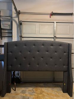 Queen Gray Fabric Upholstered Tufted Headboard with Nailhead Trim