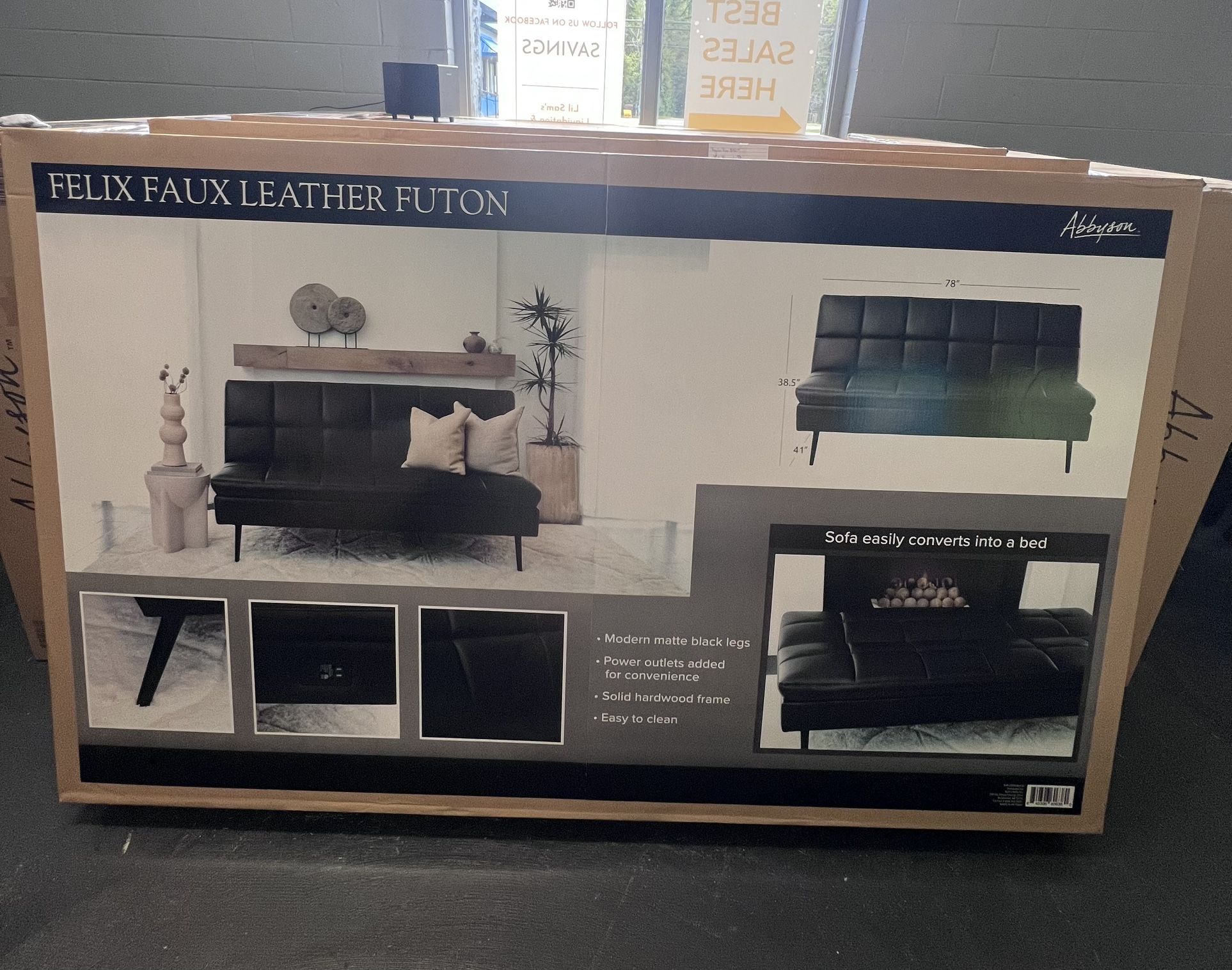 New in Box Futon for Sale Felix Faux Leather High Performance Convertible Sofa Retail Price $450 Your Price $330