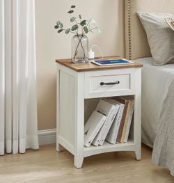 Farmhouse Nightstand with Charging Station, Bedside Table, Side Table with Drawer, Open Compartment, for Bedroom, Rustic White and Honey Brown ULET659