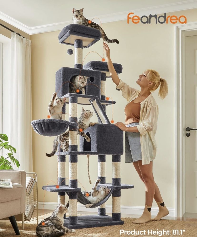 Cat Tree, 81.1-Inch Large Cat Tower with 13 Scratching Posts, 2 Perches, 2 Caves, Basket, Hammock, Pompoms, Multi-Level Plush Cat Condo for Indoor Cat
