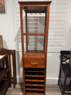 Tall Solid Wood Wine Tower – 18 Bottle Rack w/ Stemware Holder & Drawer