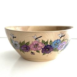 Turned Wood Berry Bowl / Planter Etched Hand-Painted Flowers Dragonflies Drains