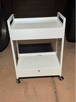 2 Tiers Stainless Steel Utility Cart, Medical Cart with 2 Drawers, Rolling Lab Cart White Paint, Serving Cart with Swivel Casters for Laboratory, Hosp