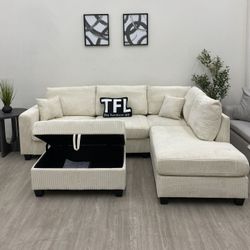 Ivory L corduroy Sectional w Ottoman